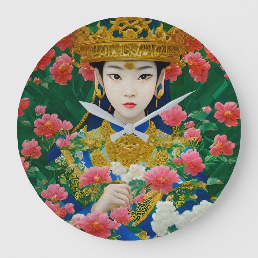 ヴィンテージスタイル抽象芸術アジアの女の子と花 ラージ壁時計 (正面)