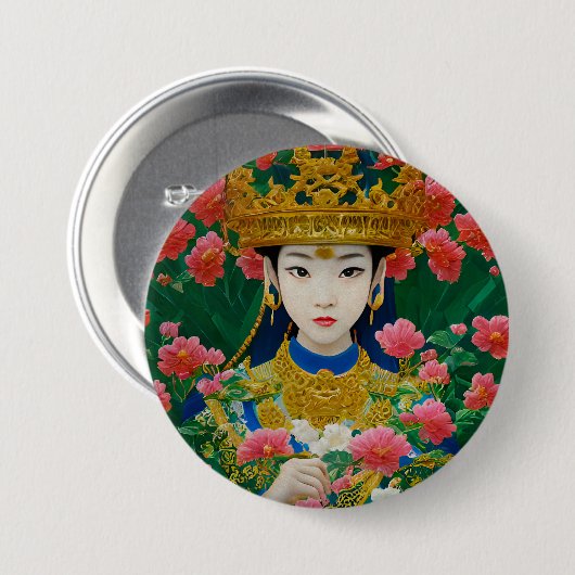 ヴィンテージスタイル抽象芸術アジアの女の子と花 缶バッジ (正面&裏面)