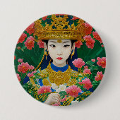 ヴィンテージスタイル抽象芸術アジアの女の子と花 缶バッジ (正面)