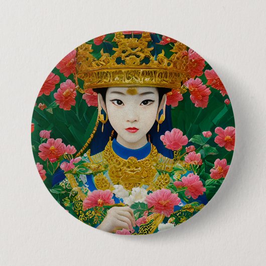 ヴィンテージスタイル抽象芸術アジアの女の子と花 缶バッジ (正面)