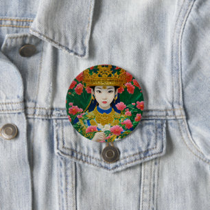 ヴィンテージスタイル抽象芸術アジアの女の子と花 缶バッジ