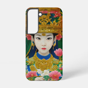 ヴィンテージスタイル抽象芸術アジアの女の子と花 SAMSUNG GALAXY S22ケース