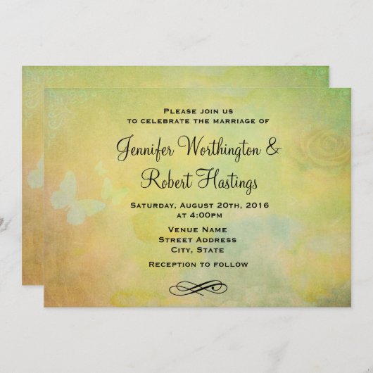 ヴィンテージスタイル水色の背結婚景 招待状 (正面/裏面)