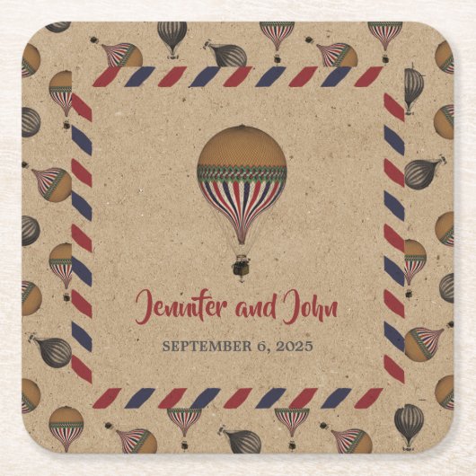ヴィンテージスタイル熱気球の宛先ウェディング スクエアペーパーコースター (正面)