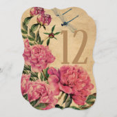 ヴィンテージスタイル牡丹とトンボのテーブル番号カード 招待状 (正面/裏面)