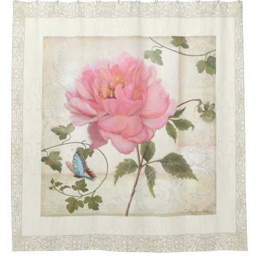 ヴィンテージスタイル牡丹の花w蝶と葉 シャワーカーテン (正面)