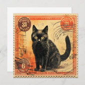 ヴィンテージスタイル猫郵便切手フラットグリーティングカード (正面/裏面)
