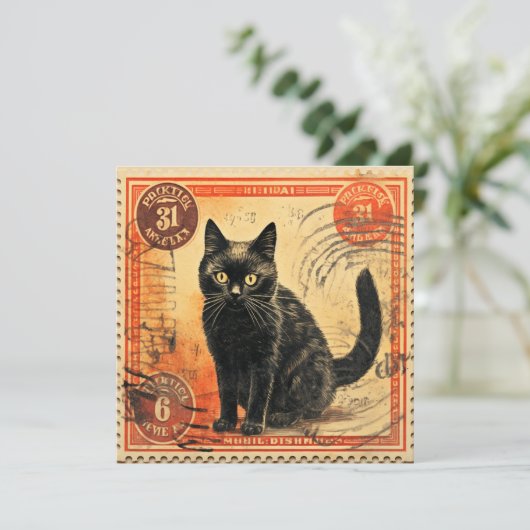 ヴィンテージスタイル猫郵便切手フラットグリーティングカード (スタンド正面)