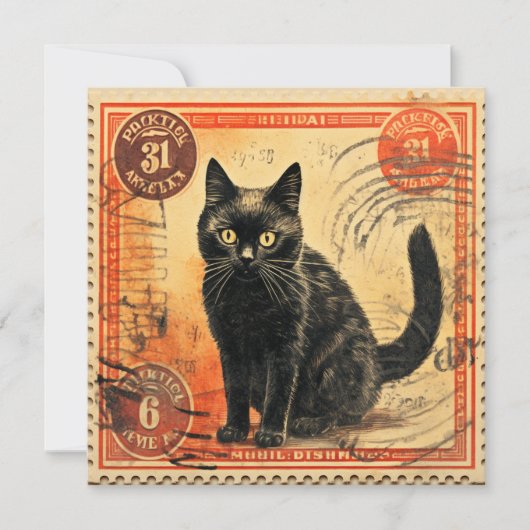 ヴィンテージスタイル猫郵便切手フラットグリーティングカード (正面)