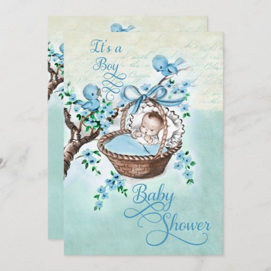 ヴィンテージスタイル男の赤ちゃん&バードベビーシャワー 招待状 (正面/裏面)