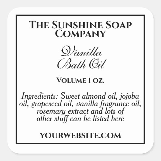ヴィンテージスタイル石鹸の化粧品ラベル白&黒 スクエアシール (正面)