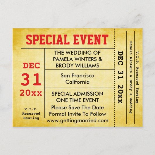 ヴィンテージスタイル結婚のイベント保存日付チケット 案内ポストカード (正面)