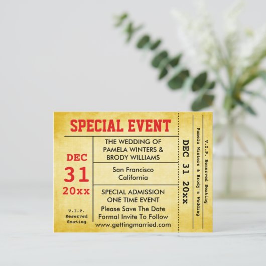 ヴィンテージスタイル結婚のイベント保存日付チケット 案内ポストカード (スタンド正面)