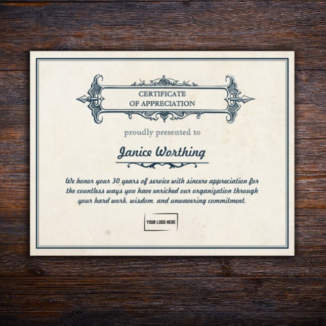 ヴィンテージスタイル編集可能な従業員賞証明書 (Customizable Vintage Style Long Service Award Certificate with Logo Upload
)