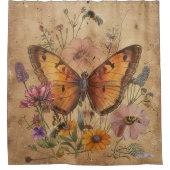 ヴィンテージスタイル蝶の花とミツバチ シャワーカーテン (正面)