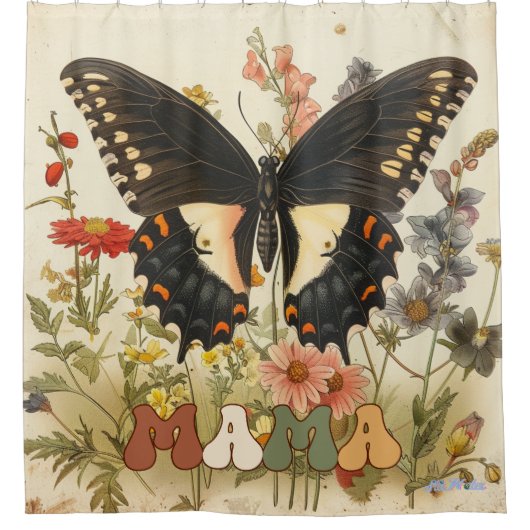 ヴィンテージスタイル蝶の花とミツバチ シャワーカーテン (正面)