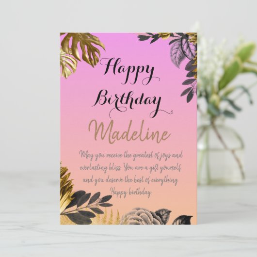 ヴィンテージスタイル誕生日カードピンク色グラデーション 招待状 (スタンド正面)