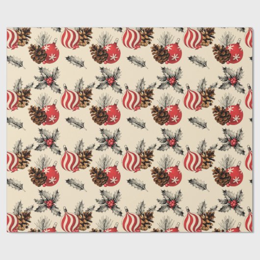ヴィンテージスタイル赤クリスマスオーナメント 素朴 ラッピングペーパー (フラット)