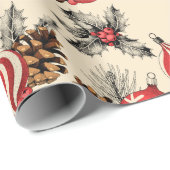 ヴィンテージスタイル赤クリスマスオーナメント 素朴 ラッピングペーパー (ロールコーナー)