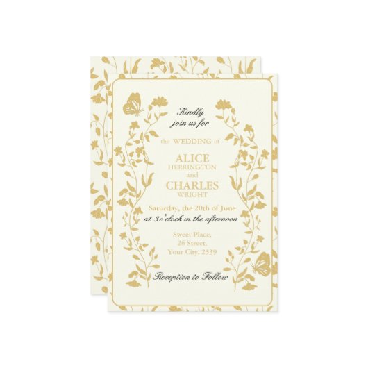 ヴィンテージスタイル金ゴールド及びクリーム結婚フローラ 招待状 (正面/裏面インサイチュ)