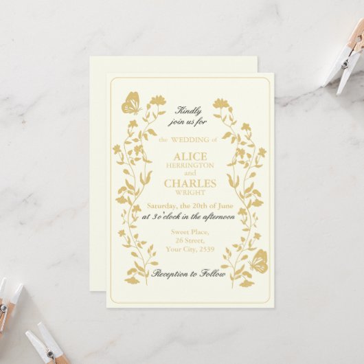 ヴィンテージスタイル金ゴールド及びクリーム結婚フローラ 招待状 (正面/裏面インサイチュ)