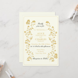 ヴィンテージスタイル金ゴールド及びクリーム結婚フローラ 招待状