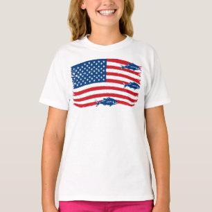 ヴィンテージスタイル魚釣りアメリカンフラッグレッドブルー Tシャツ
