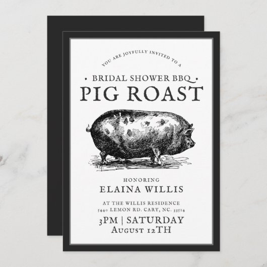 ヴィンテージスタイル | ブライダル BBQ 豚の丸焼きパーティー 招待状 (正面/裏面)