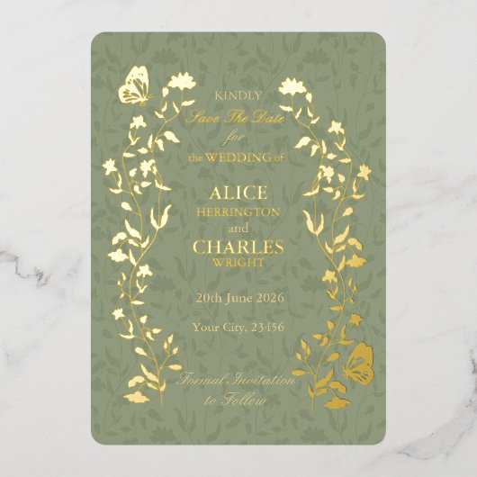 ヴィンテージスタイルSage Ggreen日付の保存 箔招待状 (正面)