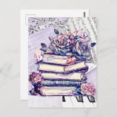 ヴィンテージスタックの書籍とバラ ポストカード (正面/裏面)