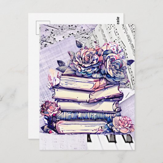 ヴィンテージスタックの書籍とバラ ポストカード (正面/裏面)