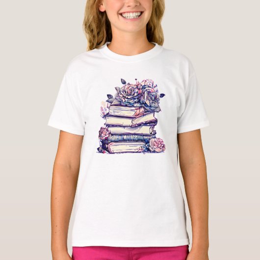 ヴィンテージスタックの書籍とバラ Tシャツ (正面)