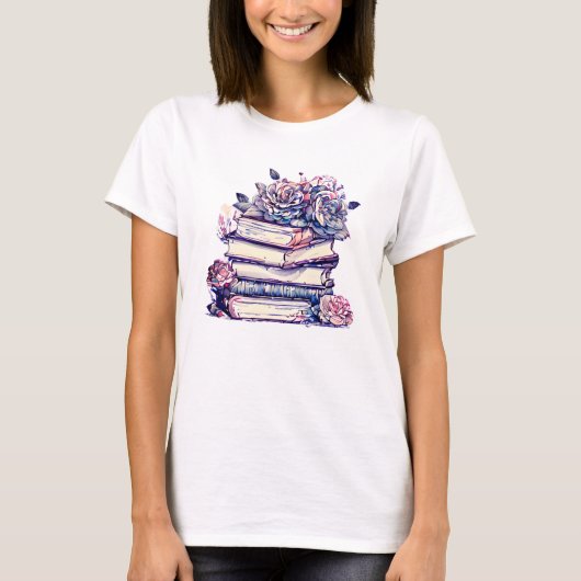 ヴィンテージスタックの書籍とバラ Tシャツ (正面)
