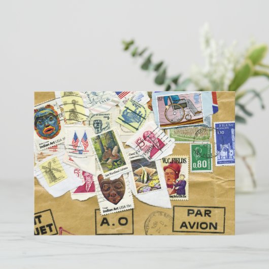 ヴィンテージスタンプコラージュ送別パーティの招待状 招待状 (スタンド正面)