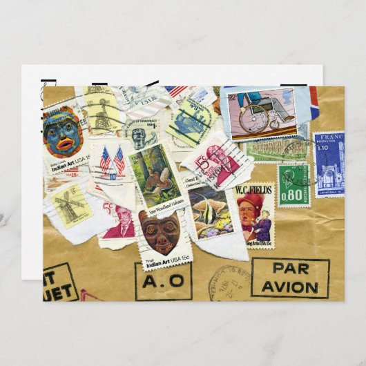 ヴィンテージスタンプコラージュ送別パーティの招待状 招待状 (正面/裏面)