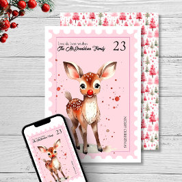 ヴィンテージスタンプトナカイ水色ピンクのクリスマス シーズンカード