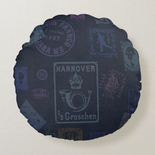 ヴィンテージスタンプ枕 – 濃 ラウンドクッション (正面)