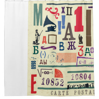 ヴィンテージスタンプ：ドキュメントデコル シャワーカーテン