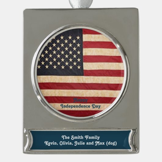 ヴィンテージスターとストライプ風化米国国旗 シルバープレートバナーオーナメント (正面)