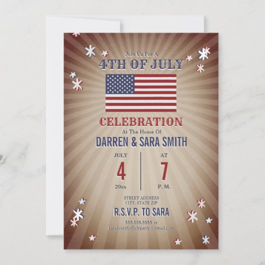 ヴィンテージスターズアメリカ国旗7月4日パーティー 招待状 (正面)