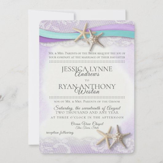 ヴィンテージスターフィッシュビーチオーキッドアンドターコイズ 招待状 (正面)