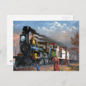 ヴィンテージスチームトレインアットステーションイラストレーション ポストカード (正面/裏面)