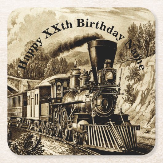 ヴィンテージスチームトレインマンズバースデーパーティー スクエアペーパーコースター (正面)