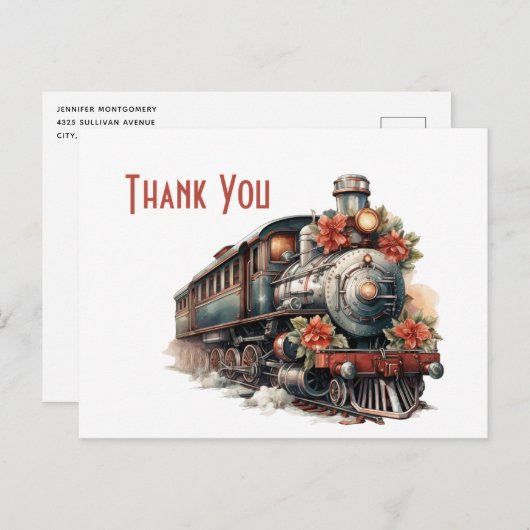 ヴィンテージスチームトレインレトロクリスマスサンキュー ポストカード (正面/裏面)