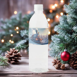 ヴィンテージスチームトレイン冬の雪の山 ペットボトルラベル