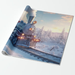 ヴィンテージスチームトレイン冬の雪の山 ラッピングペーパー
