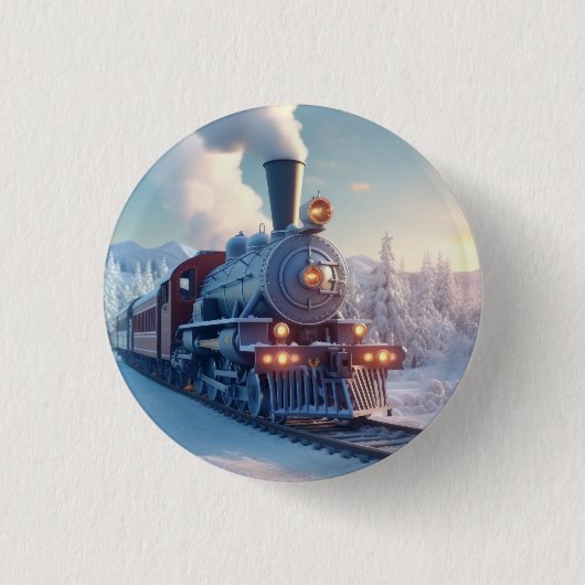 ヴィンテージスチームトレイン冬の風景雪山 缶バッジ (正面)