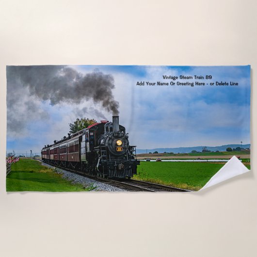 ヴィンテージスチームトレイン89 – 名前の追加文字または削除 ビーチタオル (正面)