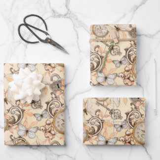 ヴィンテージスチームパンクウォッチアンド蝶パステル ラッピングペーパーシート