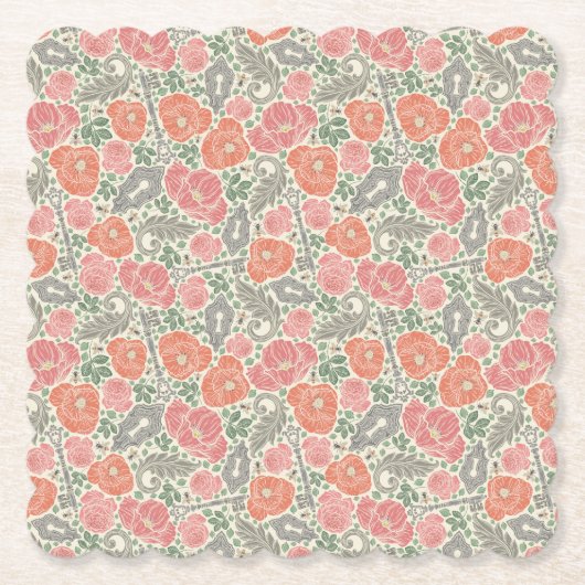 ヴィンテージスチームパンクオールドロック鍵レッドポピー ペーパーコースター (正面)